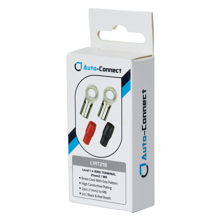 Auto-Connect rød og sort ringkabelsko M8, 21 mm²