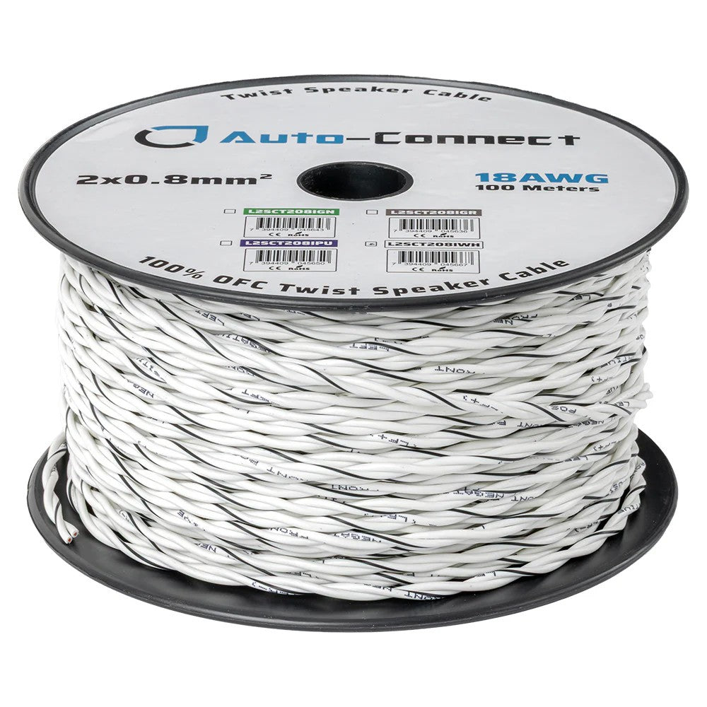 Auto-Connect tvundet højtalerkabel 2x0.8mm² hvid, pris pr. meter